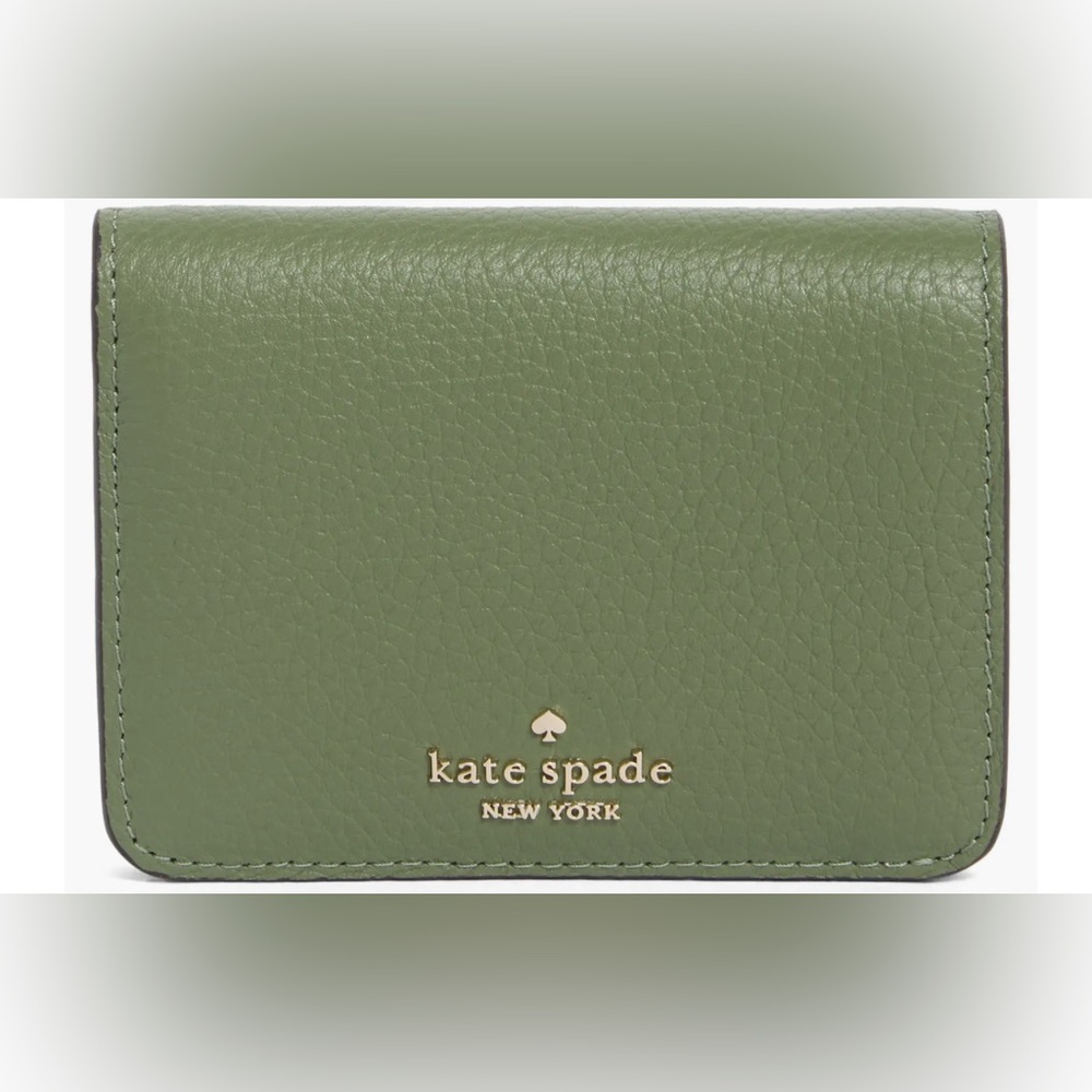 NWT kate spade Green Bifold Leather Card Holder with Gold Logo